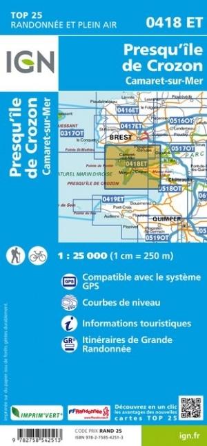 Carte TOP 25 n° 0418 ET - Presqu'île de Crozon | IGN carte pliée IGN 