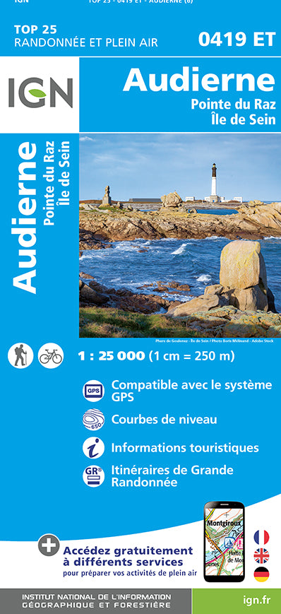 Carte TOP 25 n° 0419 ET - Audierne, Pointe du Raz, Ile de Sein | IGN carte pliée IGN 