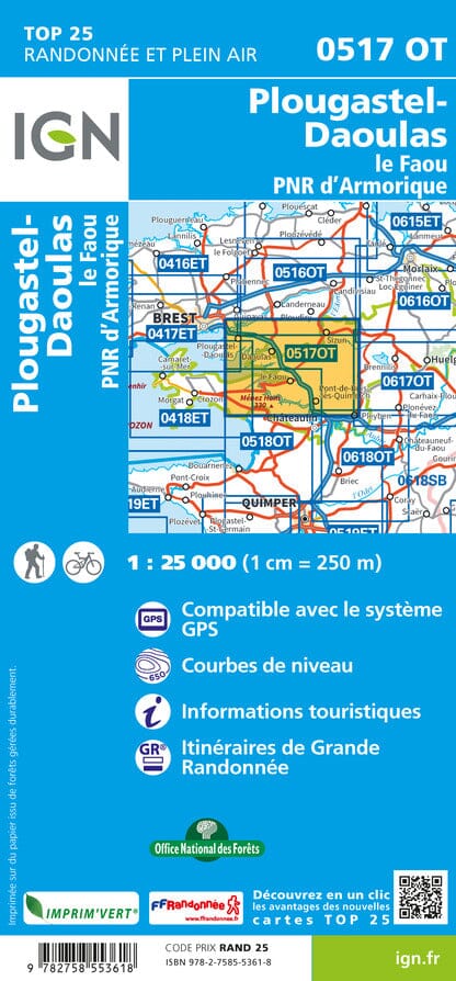 Carte TOP 25 n° 0517 OT - Plougastel-Daoulas, Le Faou & PNR Armorique | IGN carte pliée IGN 