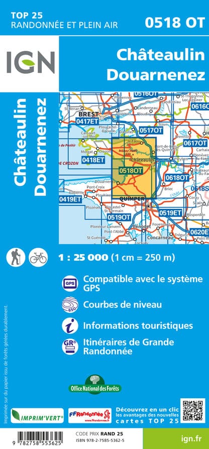 Carte TOP 25 n° 0518 OT - Châteaulin, Douarnenez | IGN carte de randonnée IGN