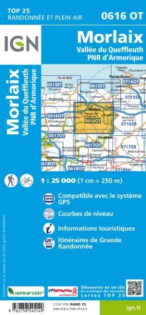 Carte TOP 25 n° 0616 OT - Morlaix, Vallée Queffleuth, PNR d'Armorique | IGN carte pliée IGN 