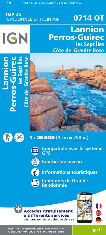 Carte TOP 25 n° 0714 OT- Lannion, Perros-Guirec, les Sept Îles, Côte de Granit Rose | IGN carte de randonnée IGN