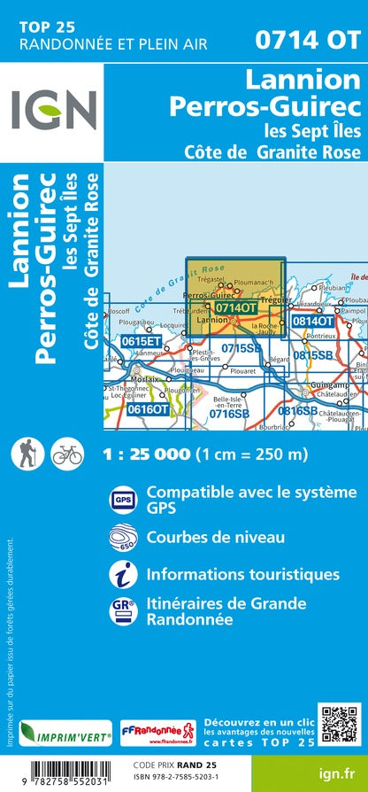 Carte TOP 25 n° 0714 OT- Lannion, Perros-Guirec, les Sept Îles, Côte de Granit Rose | IGN carte de randonnée IGN
