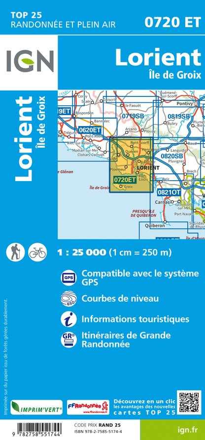 Carte TOP 25 n° 0720 ET - Lorient & Ile de Groix | IGN carte de randonnée IGN