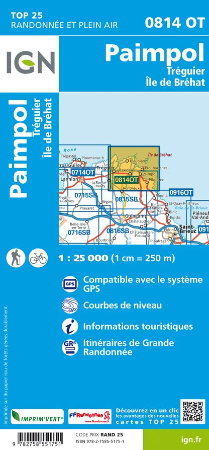 Carte TOP 25 n° 0814 OT - Paimpol, Tréguier, Ile de Bréhat | IGN carte de randonnée IGN