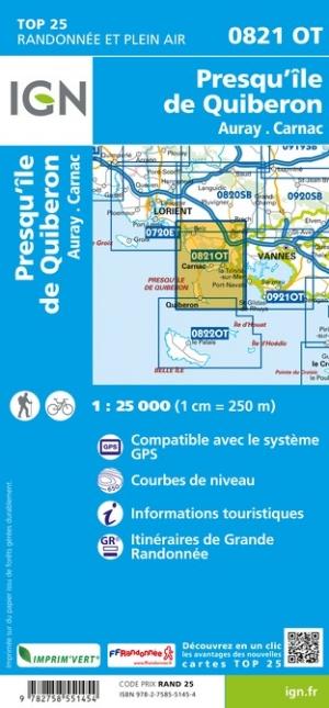 Carte TOP 25 n° 0821 OT - Presqu'Ile de Quiberon, Auray, Carnac | IGN carte pliée IGN 