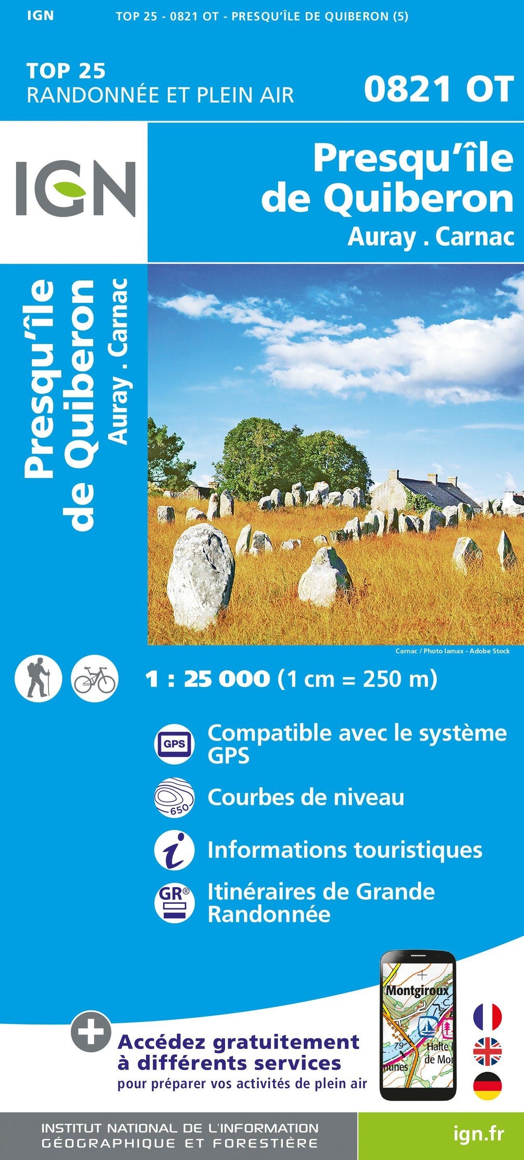Carte TOP 25 n° 0821 OT - Presqu'Ile de Quiberon, Auray, Carnac | IGN carte pliée IGN 