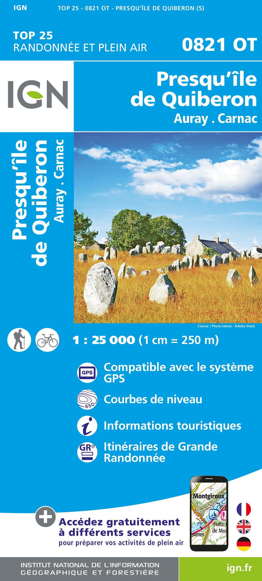 Carte TOP 25 n° 0821 OT - Presqu'Ile de Quiberon, Auray, Carnac | IGN carte pliée IGN 