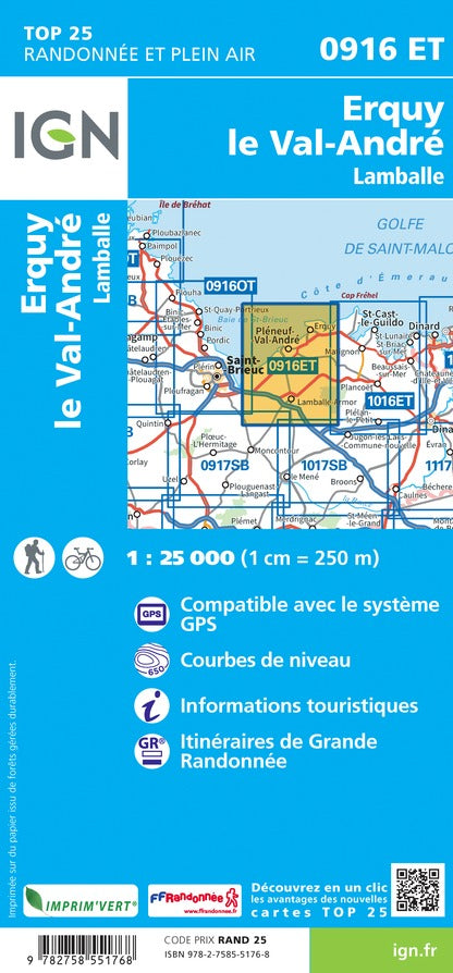Carte TOP 25 n° 0916 ET - Erquy, le Val-André, Lamballe | IGN carte pliée IGN 