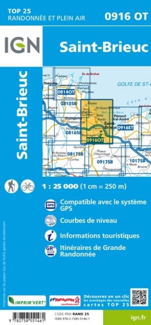 Carte TOP 25 n° 0916 OT - Saint-Brieuc | IGN carte de randonnée IGN