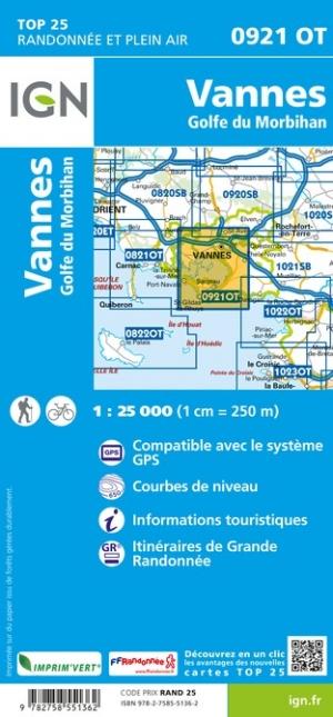 Carte TOP 25 n° 0921 OT - Vannes, Golfe du Morbihan | IGN carte pliée IGN 