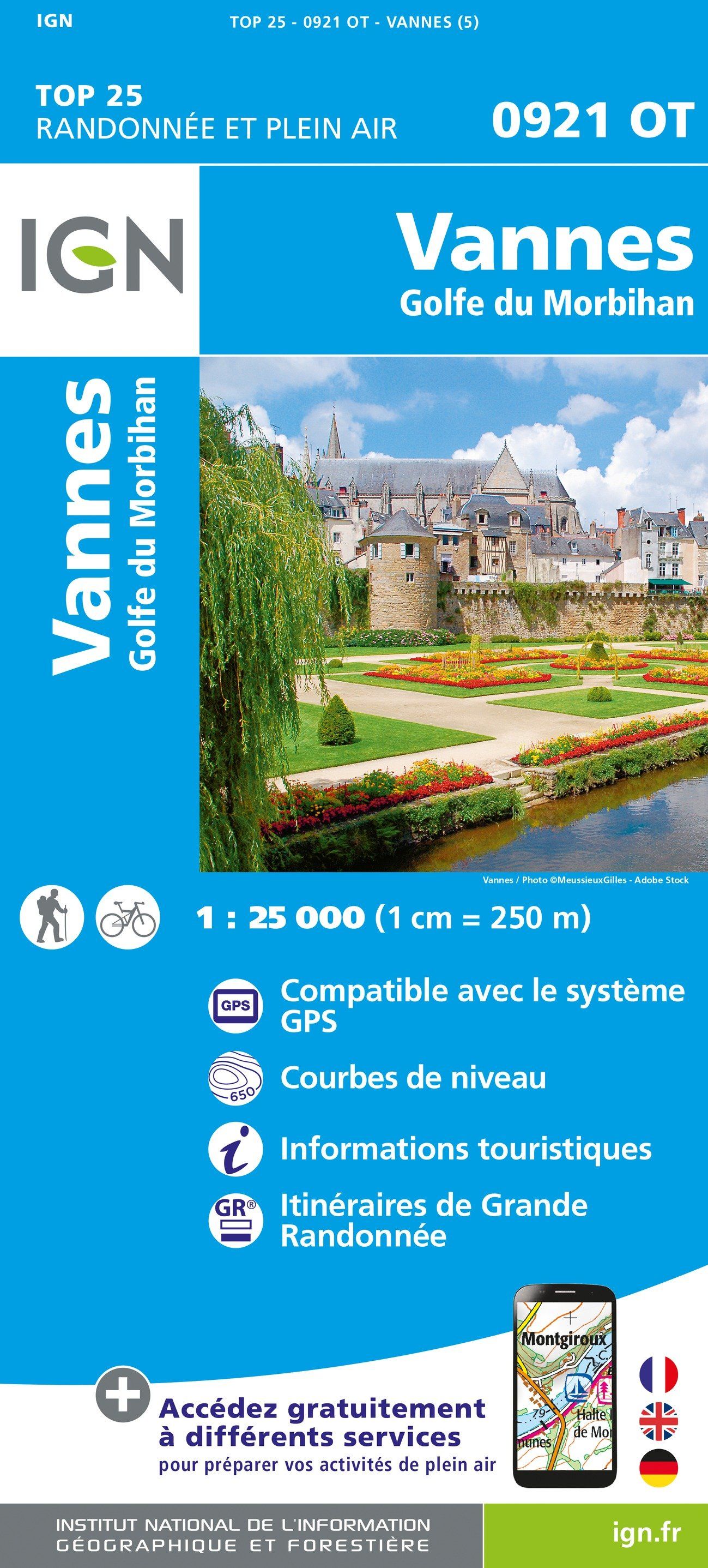 Carte TOP 25 n° 0921 OT - Vannes, Golfe du Morbihan | IGN carte de randonnée IGN