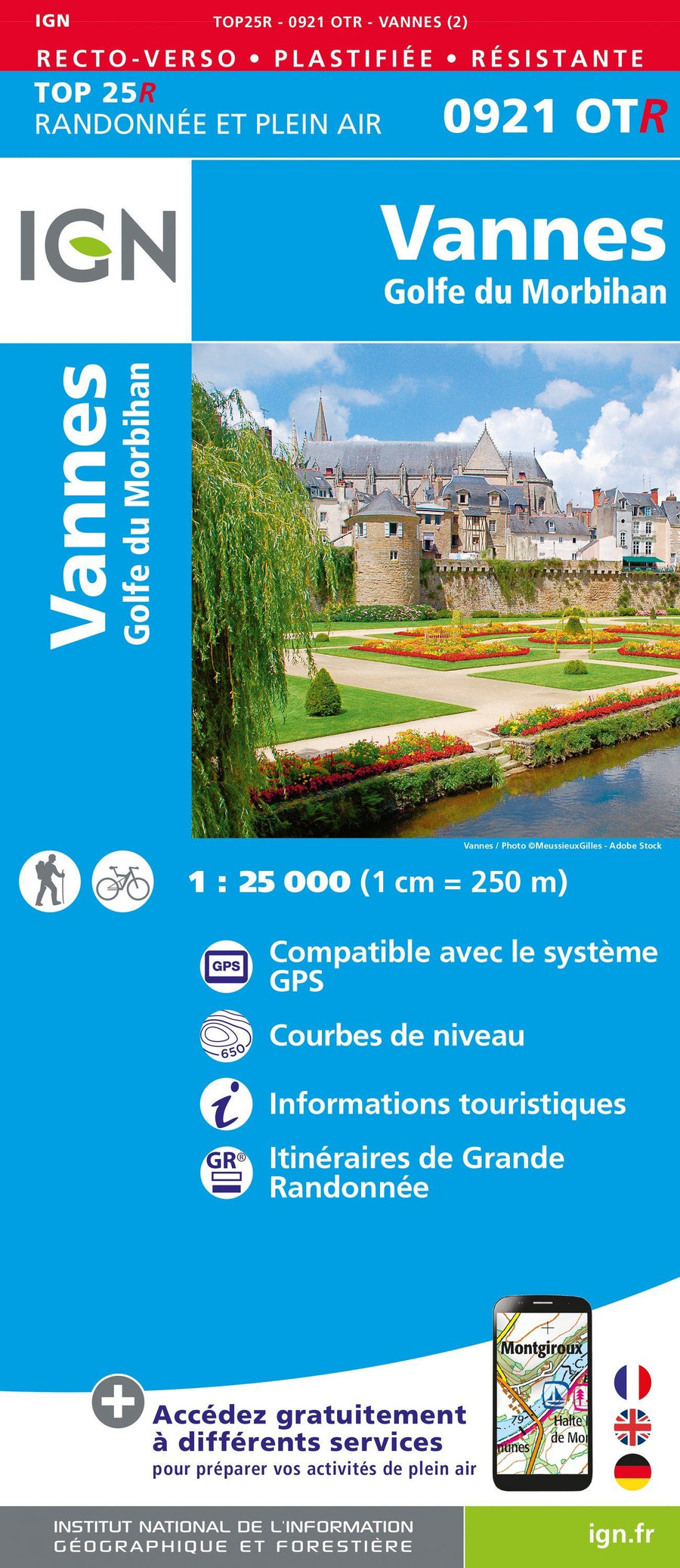Carte TOP 25 n° 0921 OTR (résistante) - Vannes & Golfe du Morbihan | IGN carte pliée IGN 