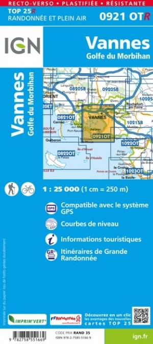 Carte TOP 25 n° 0921 OTR (résistante) - Vannes & Golfe du Morbihan | IGN carte de randonnée IGN