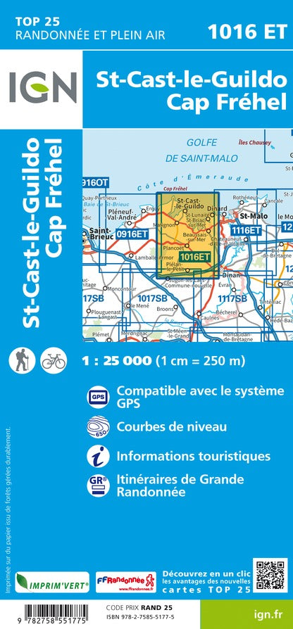 Carte TOP 25 n° 1016 ET - St-Cast-le-Guildo, Cap Fréhel | IGN carte de randonnée IGN
