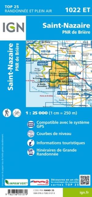 Carte TOP 25 n° 1022 ET- St-Nazaire, PNR de Brière | IGN carte de randonnée IGN