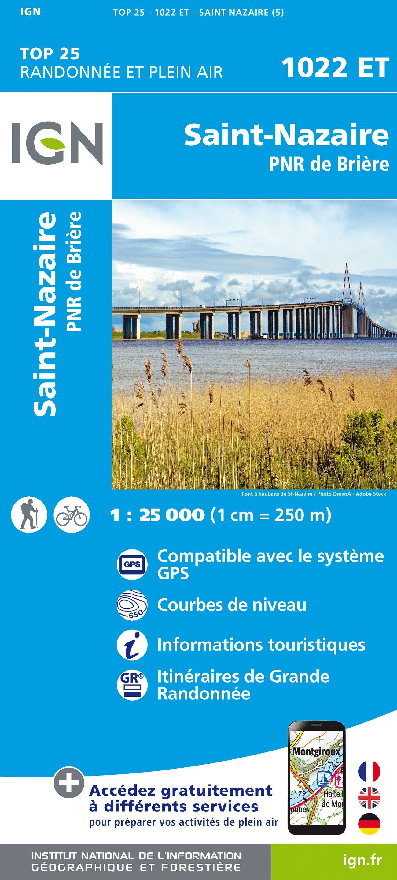 Carte TOP 25 n° 1022 ET- St-Nazaire, PNR de Brière | IGN carte de randonnée IGN