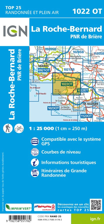 Carte TOP 25 n° 1022 OT - La Roche-Bernard, PNR de Brière | IGN carte de randonnée IGN