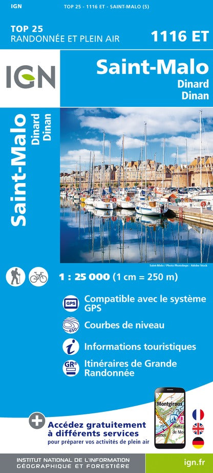 Carte TOP 25 n° 1116 ET - Saint-Malo, Dinard, Dinan | IGN carte de randonnée IGN