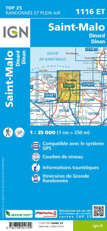 Carte TOP 25 n° 1116 ET - Saint-Malo, Dinard, Dinan | IGN carte pliée IGN 