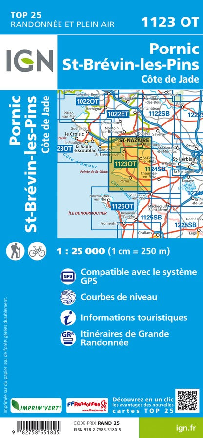 Carte TOP 25 n° 1123 OT - Saint-Nazaire, Pornic, Côte de Jade | IGN carte de randonnée IGN