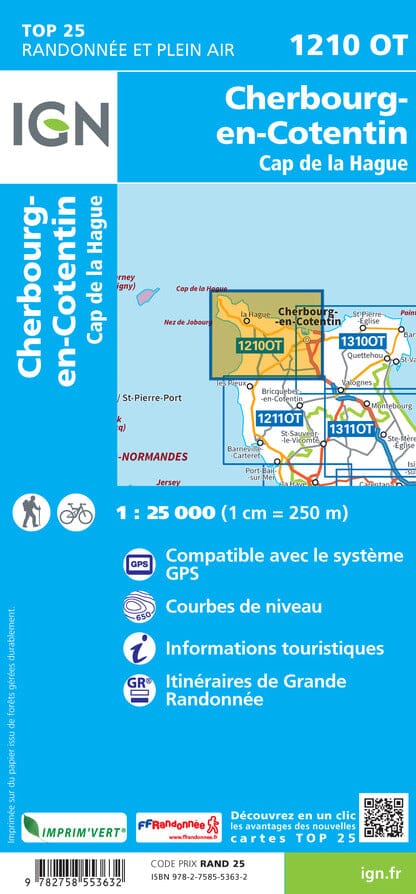 Carte TOP 25 n° 1210 OT - Cherbourg en Cotentin, Cap de la Hague | IGN carte de randonnée IGN