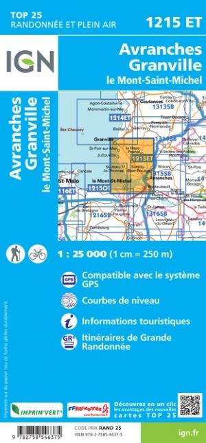 Carte TOP 25 n° 1215 ET - Avranches, Granville, Le Mont-St-Michel | IGN carte de randonnée IGN