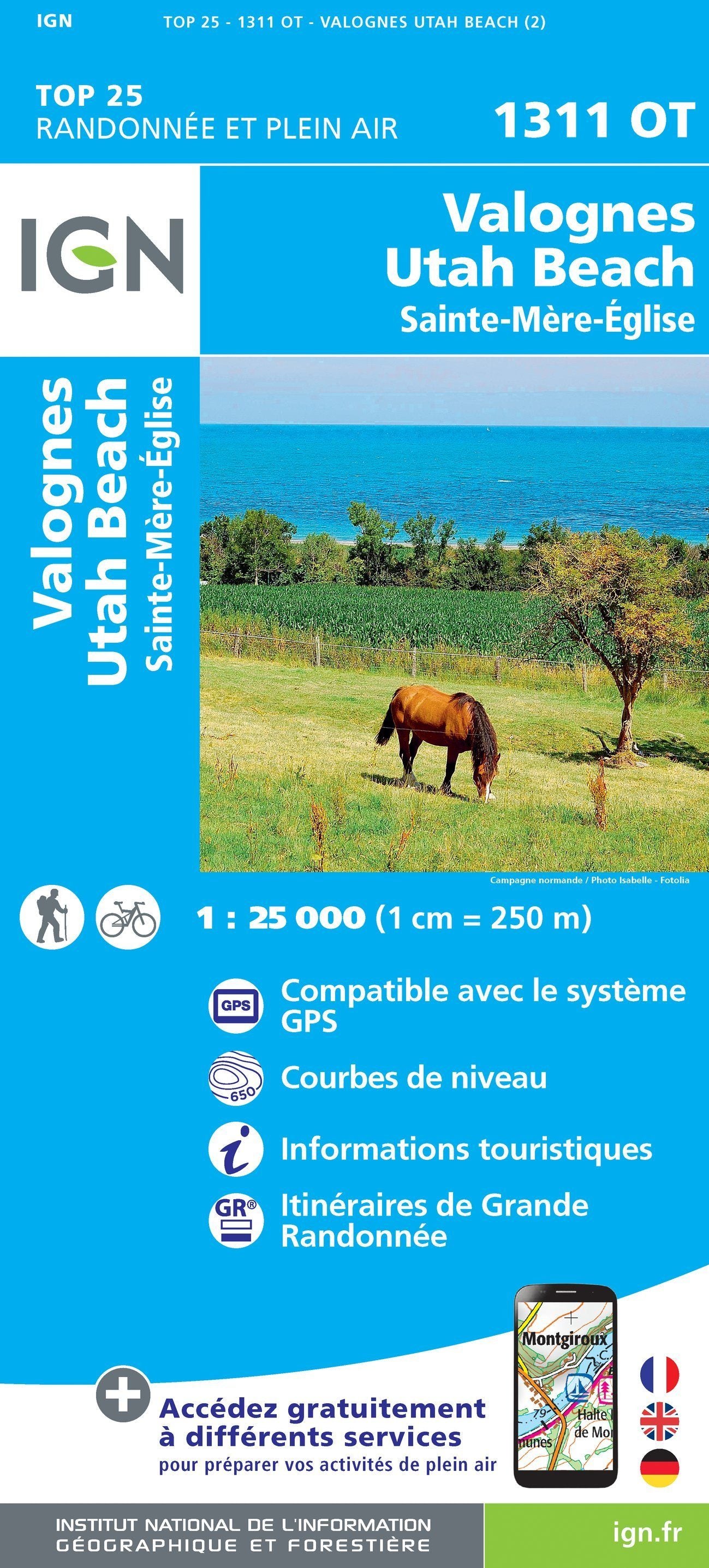 Carte TOP 25 n° 1311 OT- Valognes, St-Mère-Eglise, Utah Beach | IGN carte de randonnée IGN