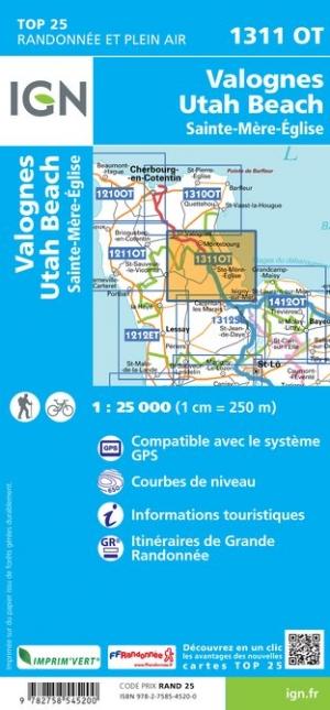 Carte TOP 25 n° 1311 OT- Valognes, St-Mère-Eglise, Utah Beach | IGN carte de randonnée IGN