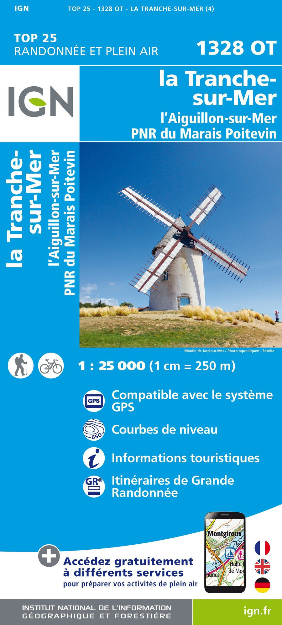 Carte TOP 25 n° 1328 OT - La Tranche-sur-Mer, l'Aiguillon-sur-Mer, PNR du Marais Poitevin | IGN carte pliée IGN 