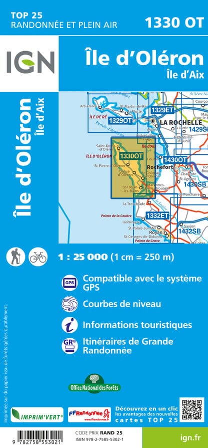 Carte TOP 25 n° 1330 OT - Ile d'Oléron & Ile d'Aix | IGN carte de randonnée IGN