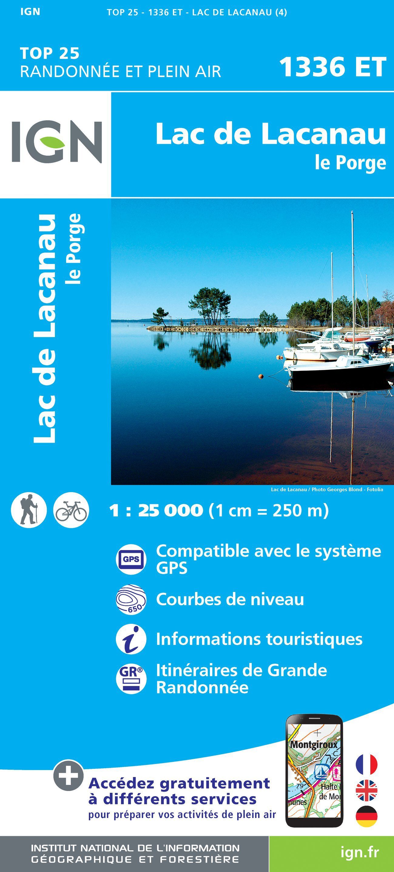 Carte TOP 25 n° 1336 ET - Lac de Lacanau & Le Porge | IGN carte de randonnée IGN