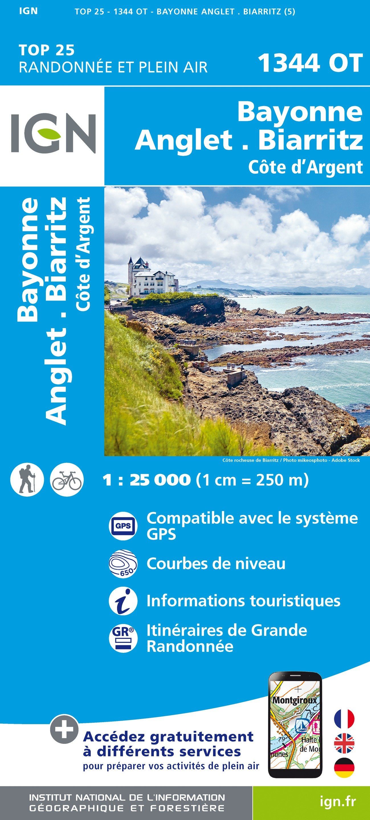 Carte TOP 25 n° 1344 OT - Bayonne, Anglet, Biarritz, Côte d'Argent | IGN carte de randonnée IGN
