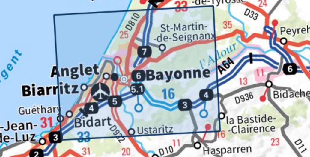 Carte TOP 25 n° 1344 OT - Bayonne, Anglet, Biarritz, Côte d'Argent | IGN carte de randonnée IGN