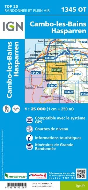 Carte TOP 25 n° 1345 OT - Cambo-les-bains & Hasparren (Pyrénées) | IGN carte de randonnée IGN