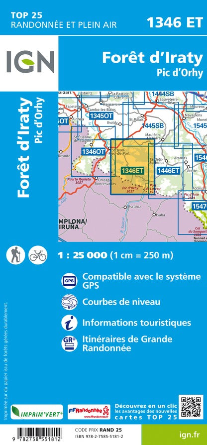 Carte TOP 25 n° 1346 ET - Forêt d'Iraty & Pic d'Orhy (Pyrénées) | IGN carte de randonnée IGN