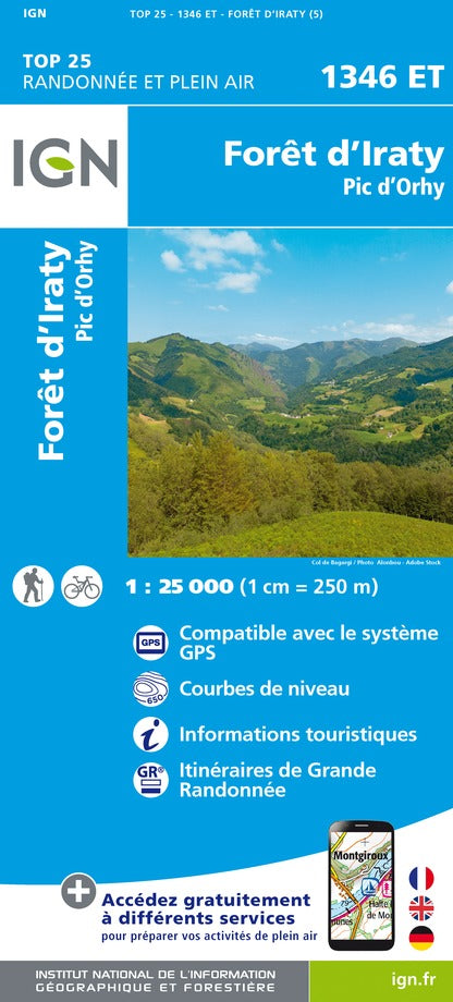 Carte TOP 25 n° 1346 ET - Forêt d'Iraty & Pic d'Orhy (Pyrénées) | IGN carte pliée IGN 