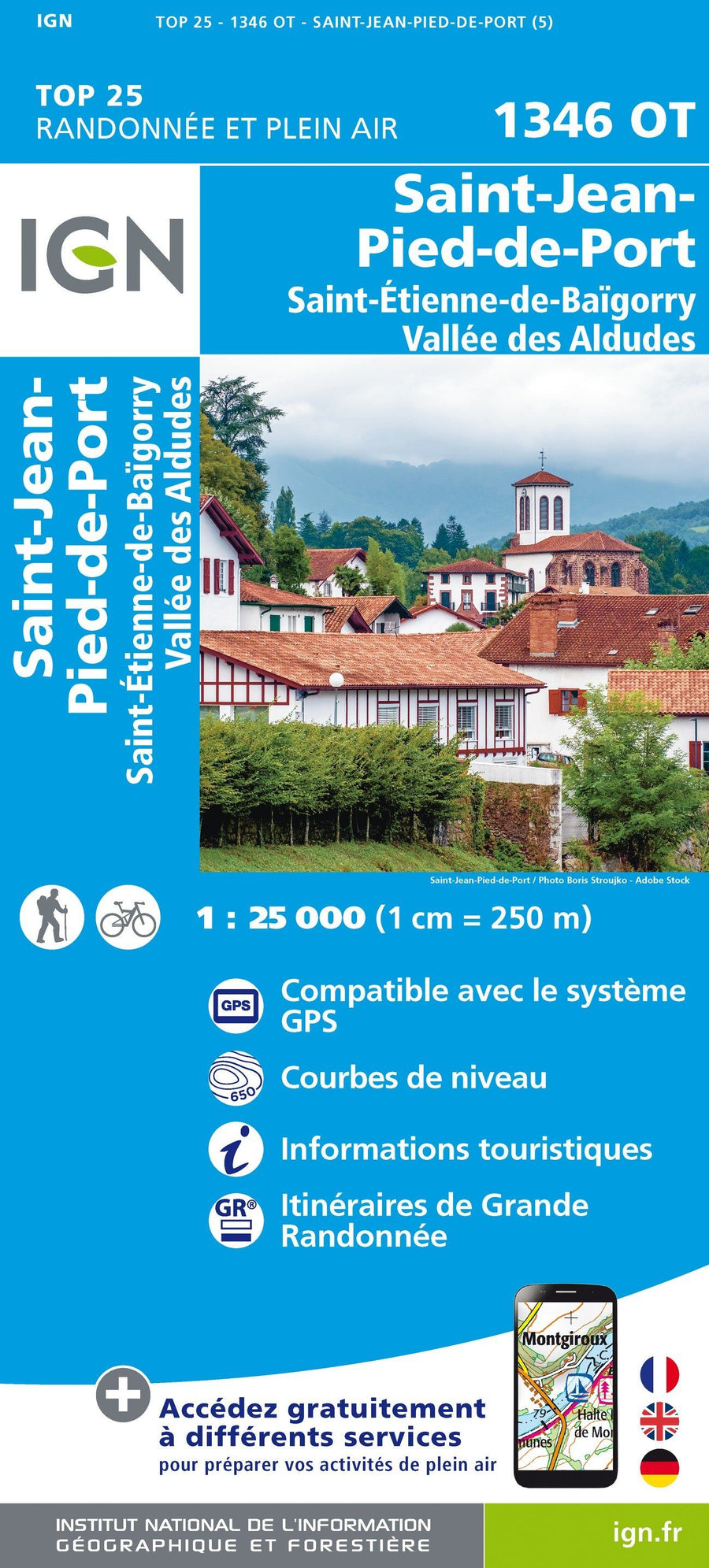 Carte TOP 25 n° 1346 OT - St Jean-Pied-de-Port, St-Etienne-de-Baïgorry (Vallée des Aldudes, Pyrénées) | IGN carte pliée IGN 