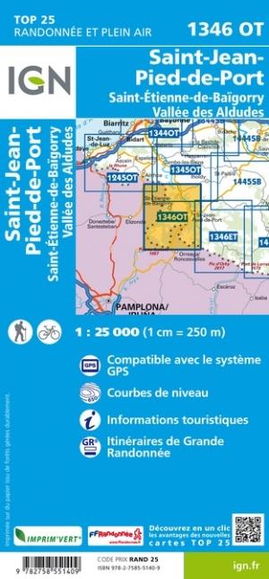 Carte TOP 25 n° 1346 OT - St Jean-Pied-de-Port, St-Etienne-de-Baïgorry (Vallée des Aldudes, Pyrénées) | IGN carte pliée IGN 
