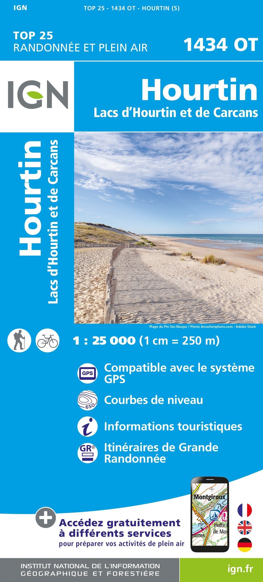 Carte TOP 25 n° 1434 OT - Hourtin (lac d'Hourtin & lac de Carcans) | IGN carte pliée IGN 