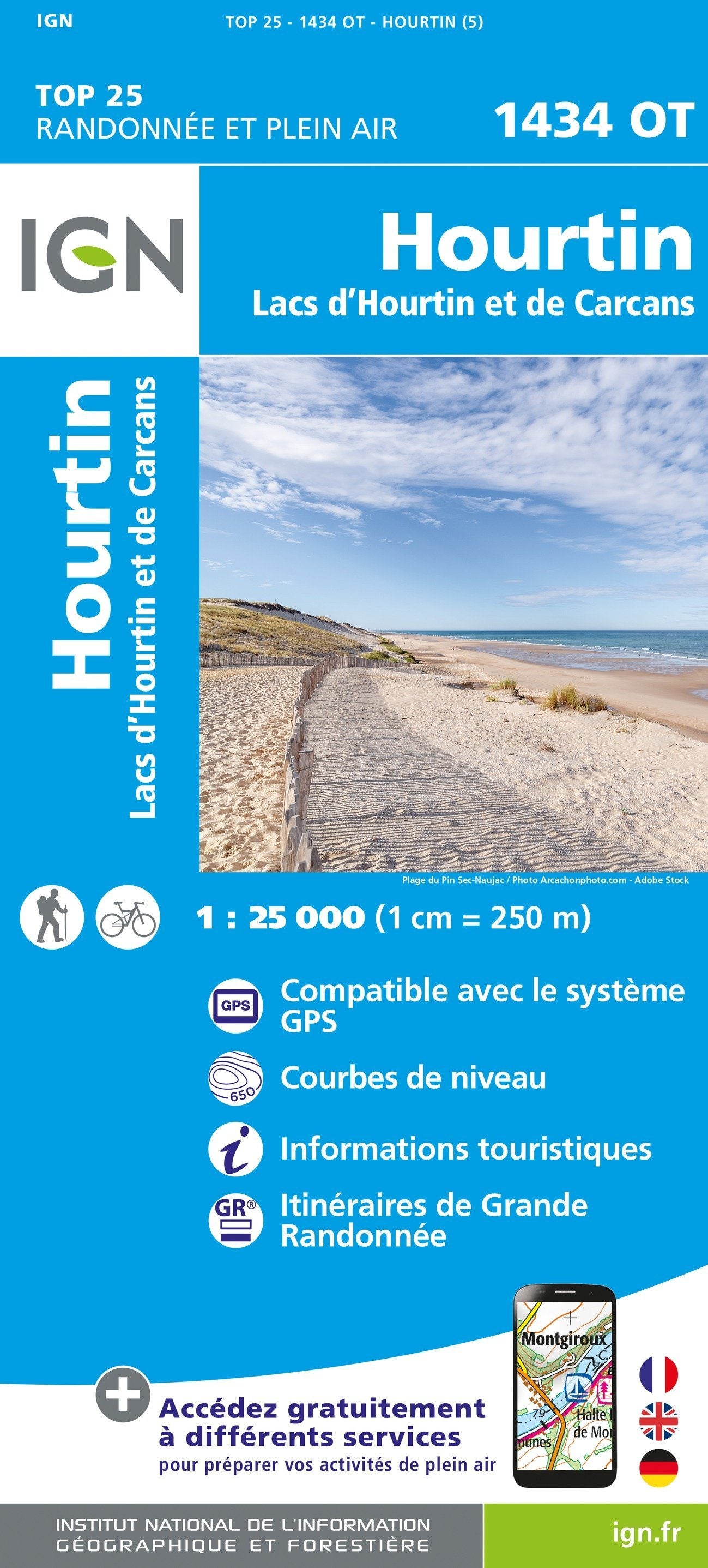 Carte TOP 25 n° 1434 OT - Hourtin (lac d'Hourtin & lac de Carcans) | IGN carte de randonnée IGN