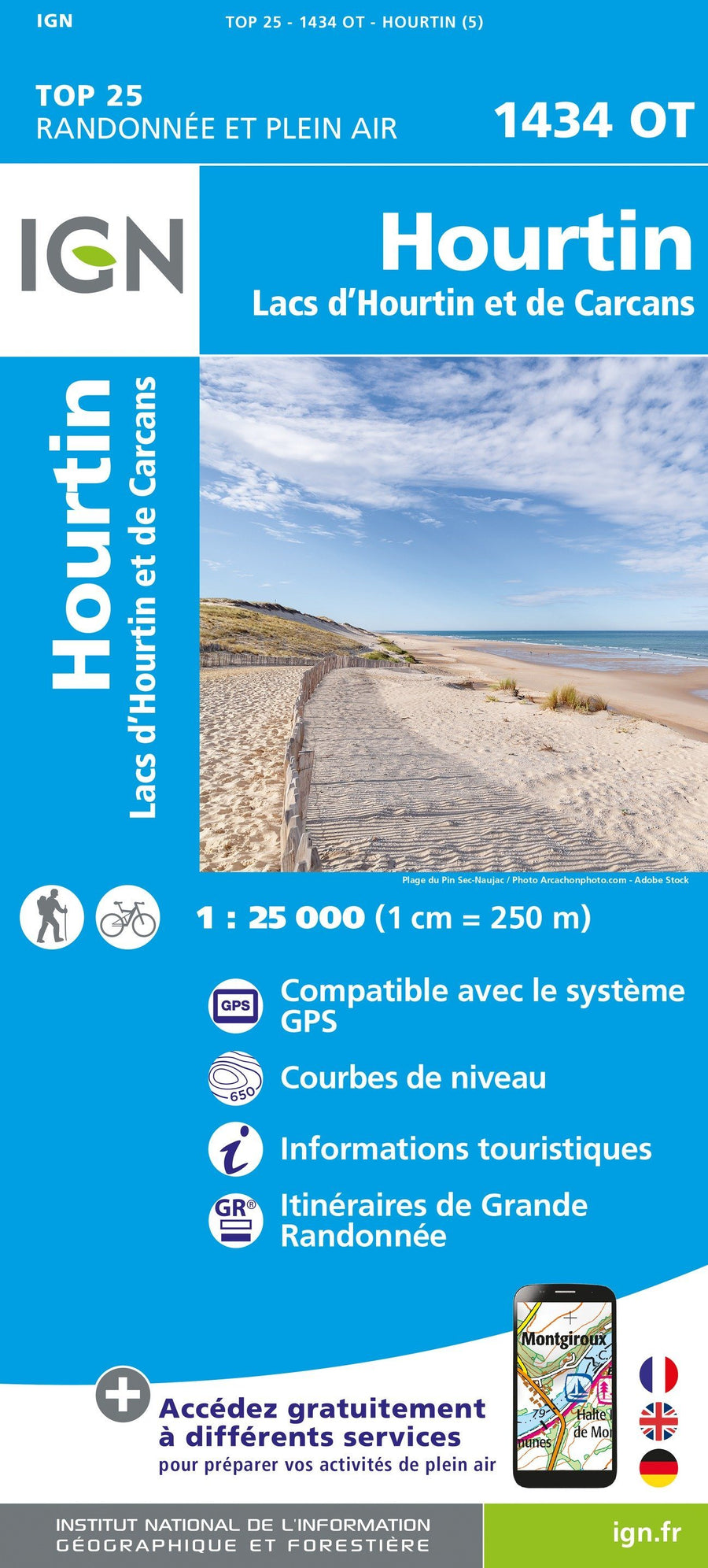 Carte TOP 25 n° 1434 OT - Hourtin (lac d'Hourtin & lac de Carcans) | IGN carte pliée IGN 