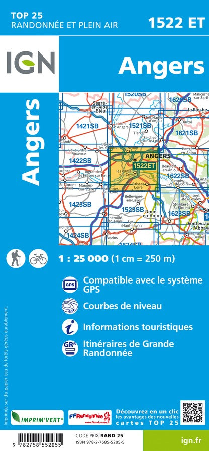Carte TOP 25 n° 1522 ET - Angers | IGN carte de randonnée IGN
