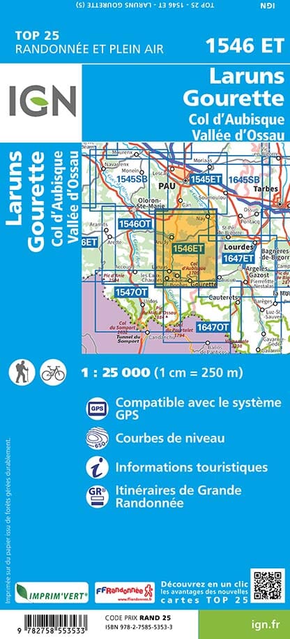 Carte TOP 25 n° 1546 ET - Laruns, Gourette (Vallée d'Ossau, Pyrénées) | IGN carte pliée IGN 