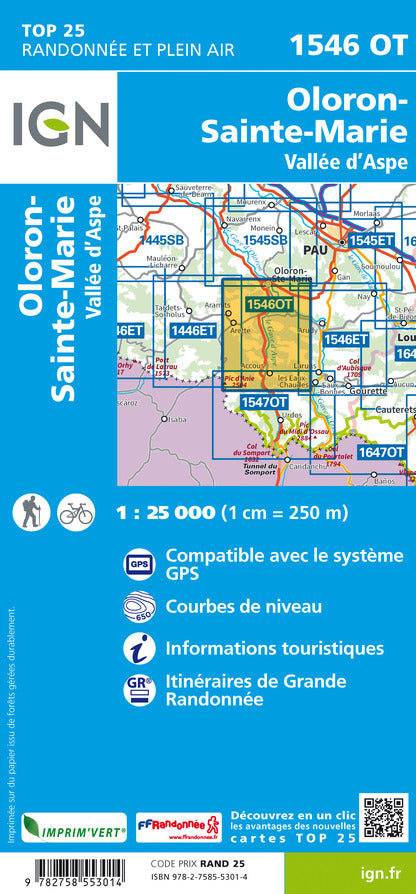 Carte TOP 25 n° 1546 OT - Oloron Sainte Marie, Vallée d'Aspe (Pyrénées) | IGN carte de randonnée IGN
