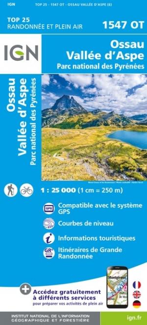 Carte TOP 25 n° 1547 OT - Vallée d'Ossau & Vallée d'Aspe (PN des Pyrénées) | IGN carte pliée IGN 