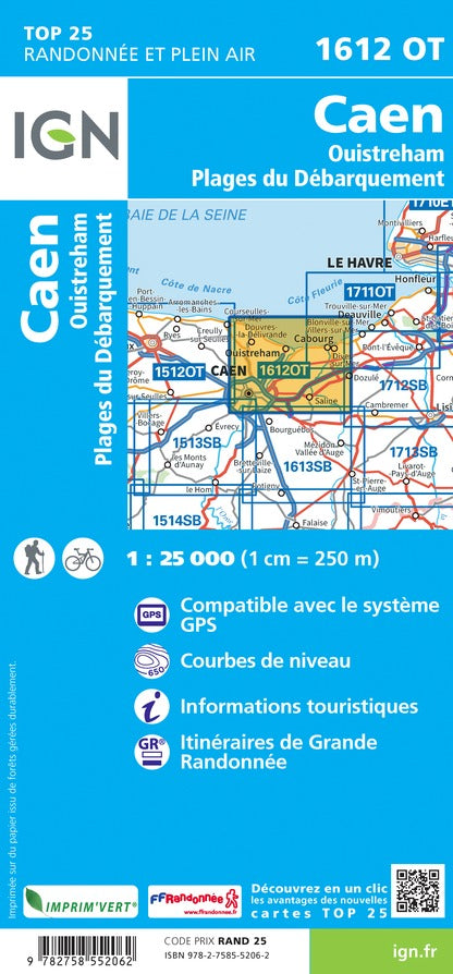 Carte TOP 25 n° 1612 OT - Caen, Ouistreham, Plages du Débarquement | IGN carte de randonnée IGN