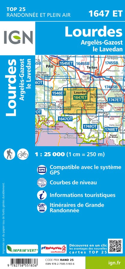 Carte TOP 25 n° 1647 ET - Lourdes, Argelès-Gazost & le Lavedan (Pyrénées) | IGN carte de randonnée IGN