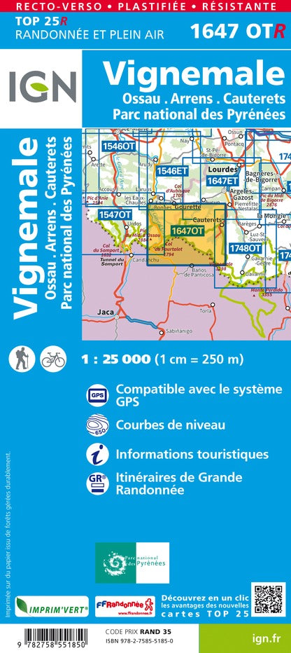 Carte TOP 25 n° 1647 OTR (résistante) - Vignemale, Vallée d'Ossau, Arrens, Cauterets (Pyrénées) | IGN carte de randonnée IGN