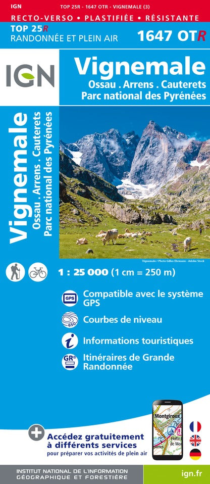 Carte TOP 25 n° 1647 OTR (résistante) - Vignemale, Vallée d'Ossau, Arrens, Cauterets (Pyrénées) | IGN carte de randonnée IGN